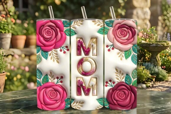3D Inflated Pink Rose Floral Mama Tumbler Design